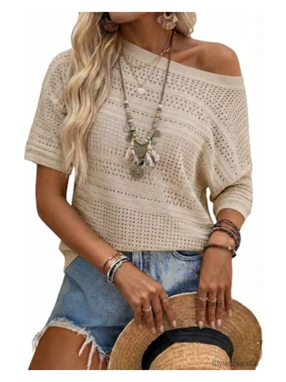 Linen Blend Crochet Pullover Sweater Boat Neck Short Sleeve Summer Casual Top